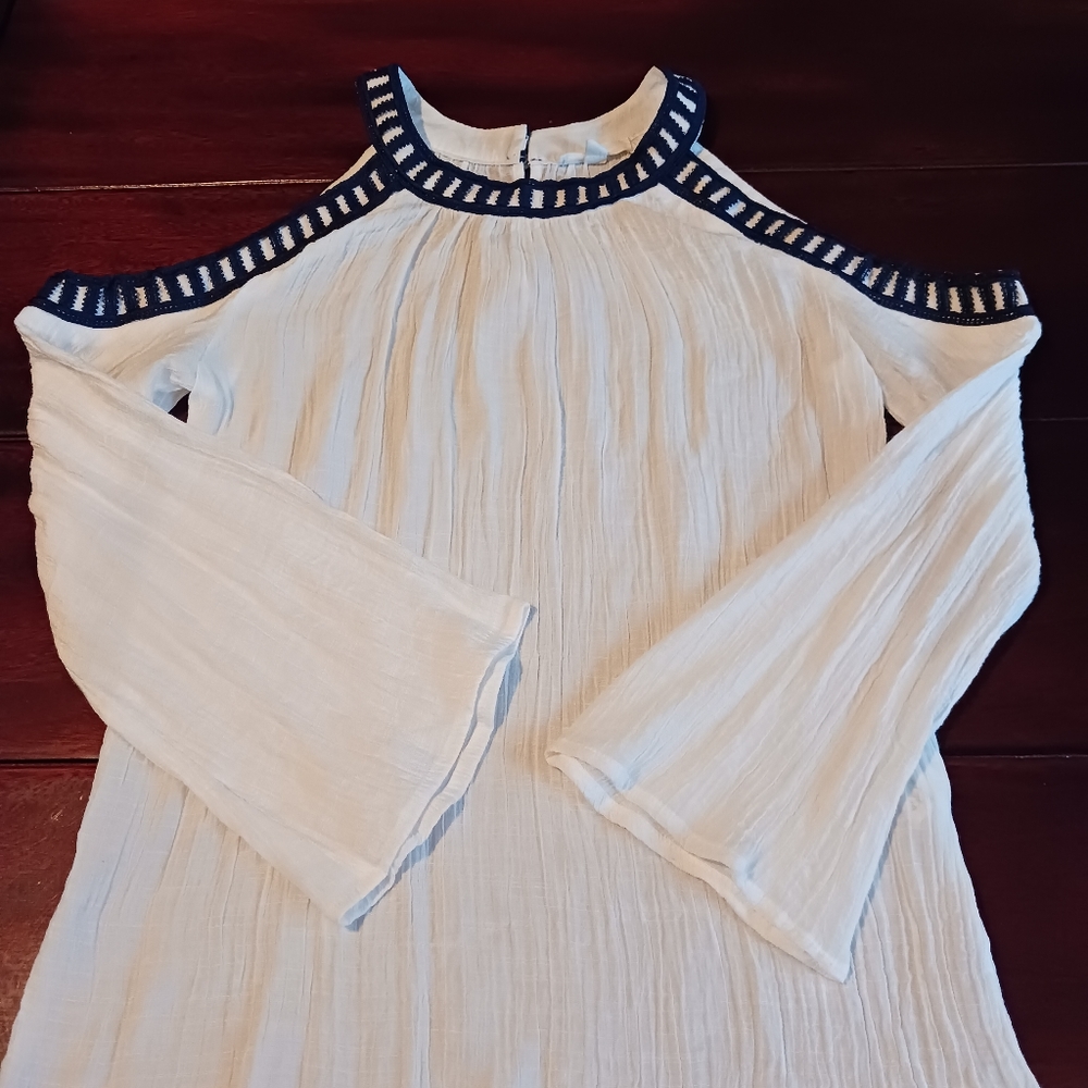 Mine Cutout shoulder blouse long sleeve size S white blue - Picture 3 of 13